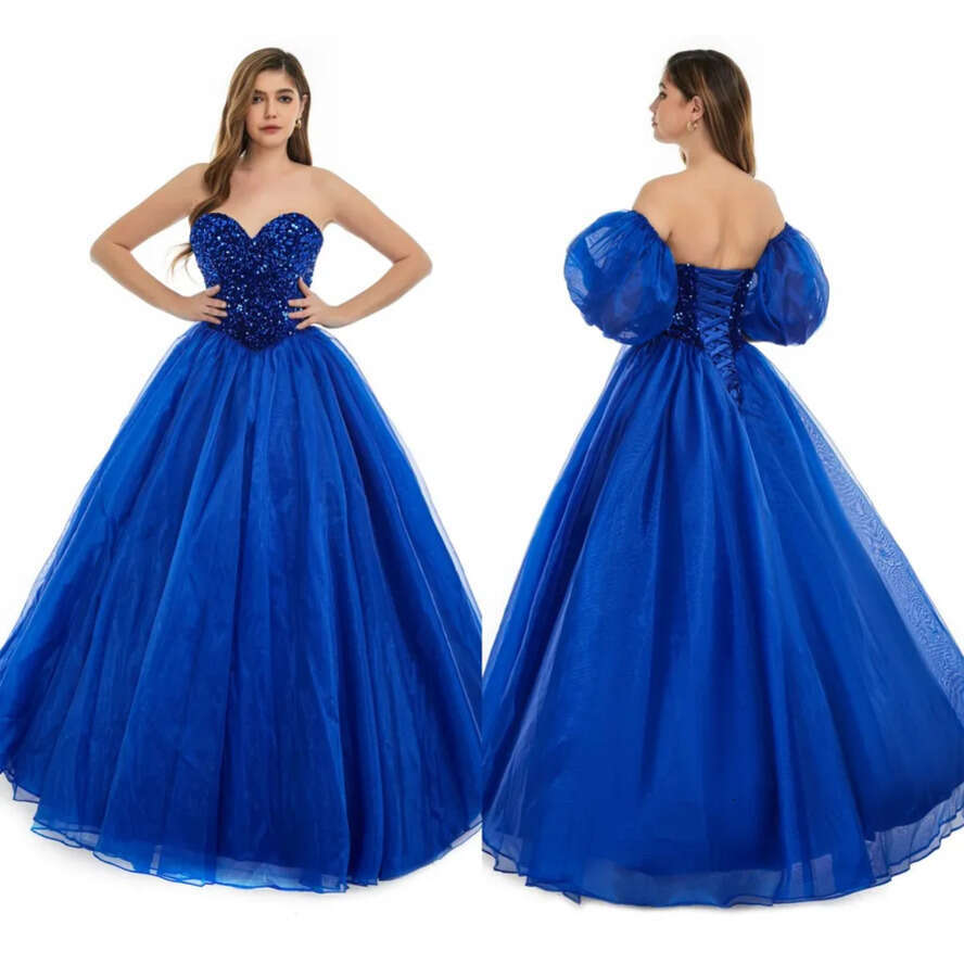 Backless Royal Blue Sexy A E Prom Dresses 2024 New Sequins Beads Sweetheart Corset Back Evening Quinceanera Gowns With Poet Sleeves Bm3503 vening