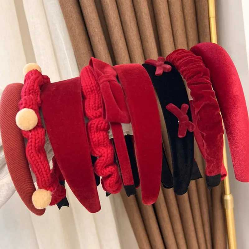 Vintage Red Womens Headband Woolen Velvet Hair Band Headwear Girl Wide Side Sponge Hair Hoop Christmas New Year Hair AccessoriesX241021