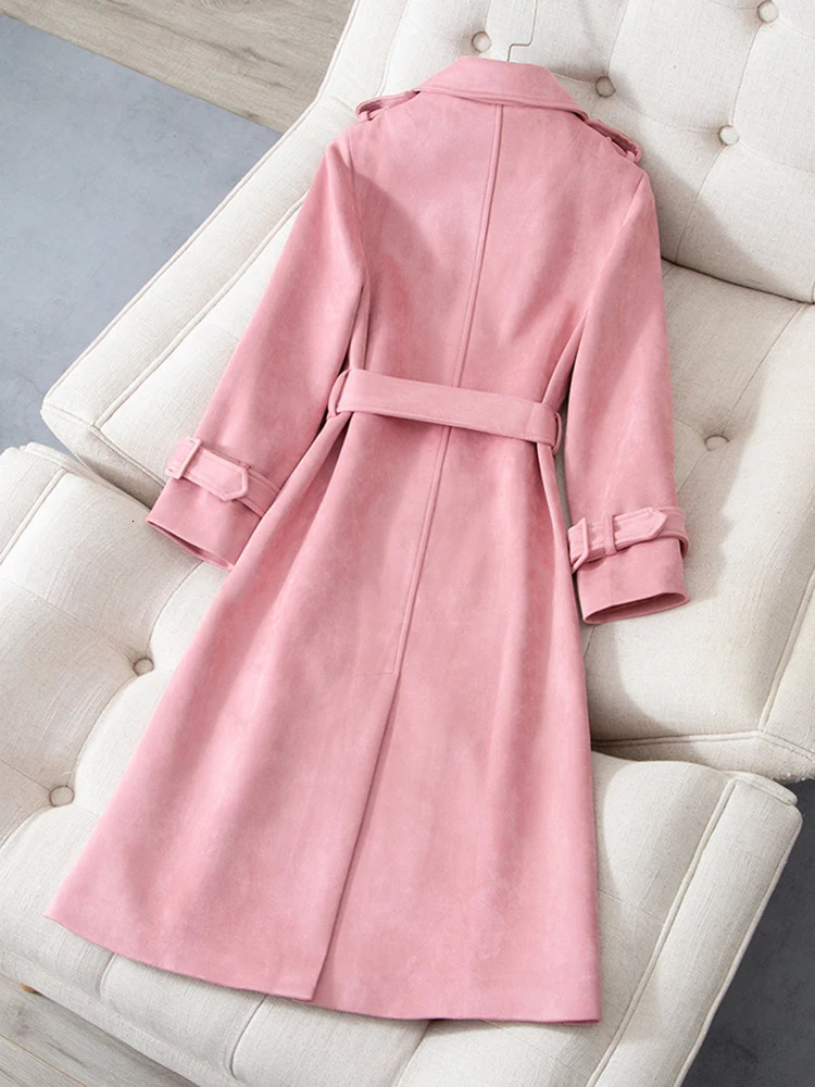 Womens double breasted long pink trench coat Korean fashion suede jacket 241022