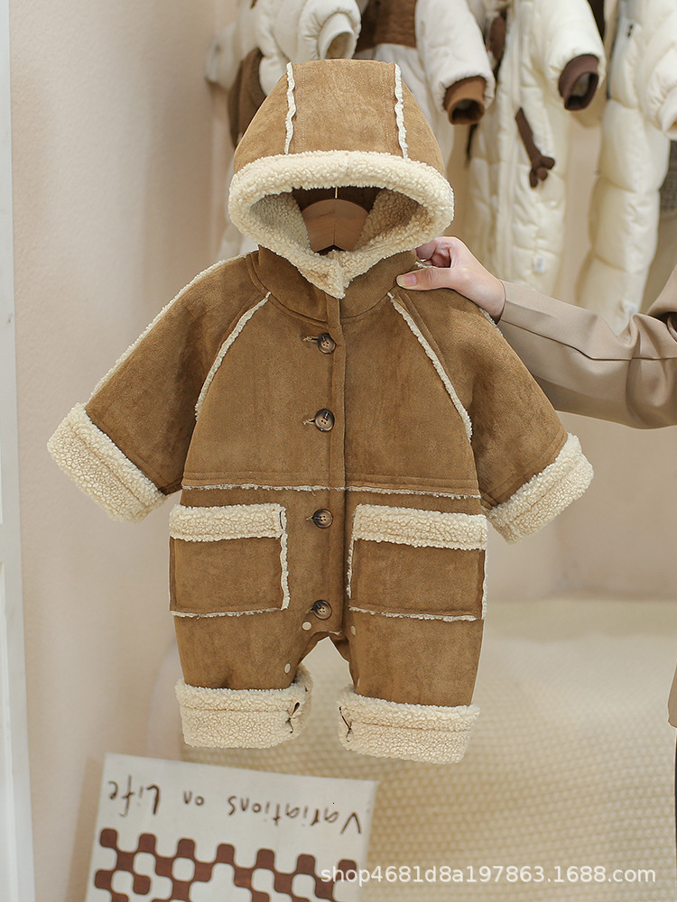 Thick Warm Infant Baby Jumpsuit Hooded Inside Fleece Boy Girl Winter Autumn Overalls Children Outerwear For Kids Snowsuit Romper 220107