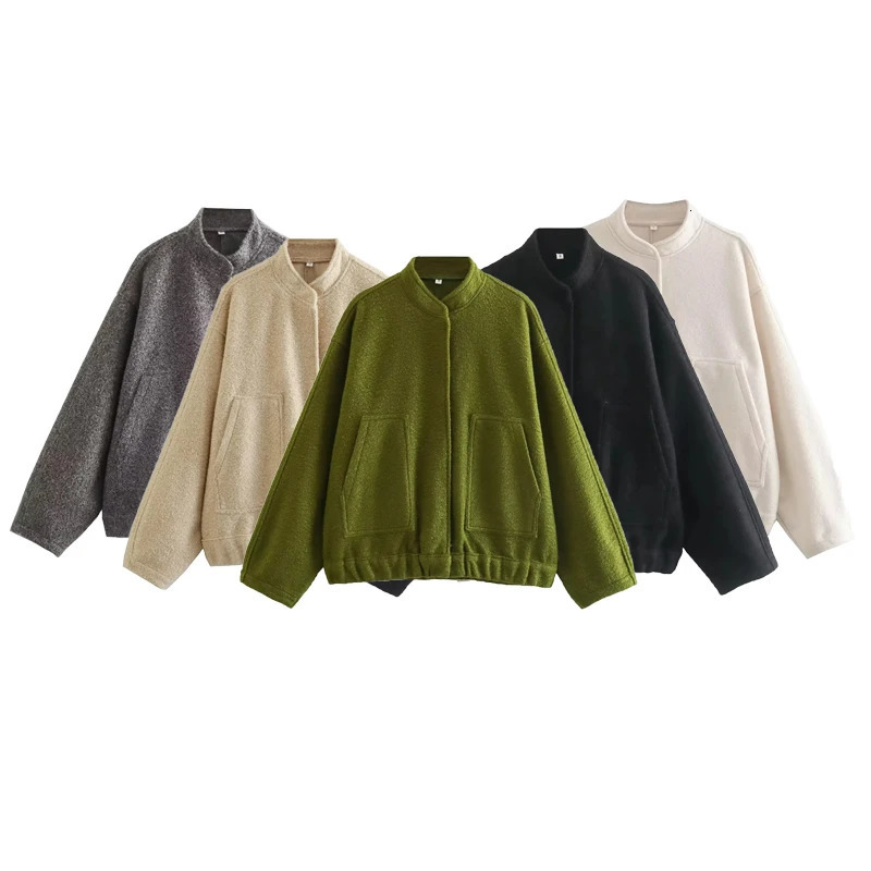 TRAF Womens Coarse Felt Jacket Fluffy Plush Jacket Womens Bomber Jacket Autumn Black and White Half Season Jacket 241023