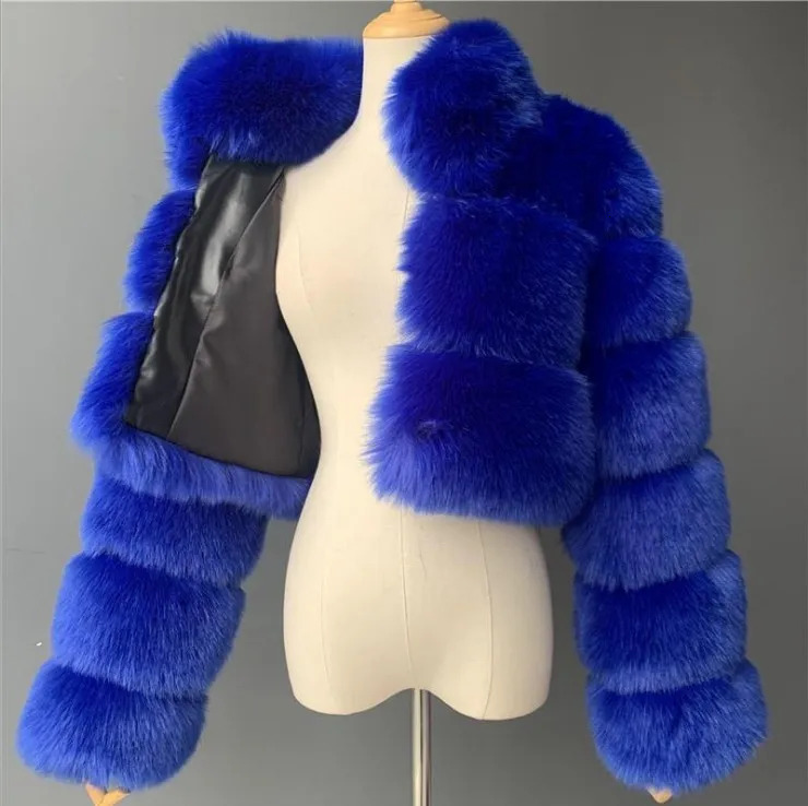 Cropped Stand Collar Faux Long Sleeve Spliced Women's Jacket Real Fur Coat For Winter Season