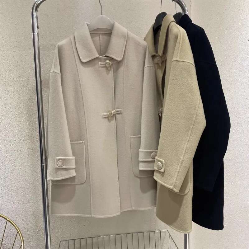 Rose Long Cashmere Autumn/Winter Woolen Horn Buckle Doll Collar Loose Version Double-Sided Handmade Women's