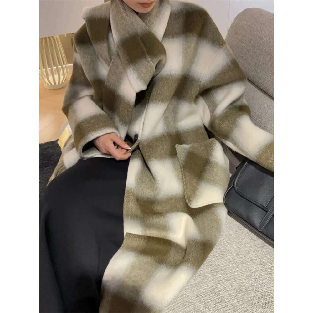 Rose Plaid Double-Sided Cashmere Horn Button Women Long Korean Version Of Loose Scarf V-Neck Woolen Coat 2023 New