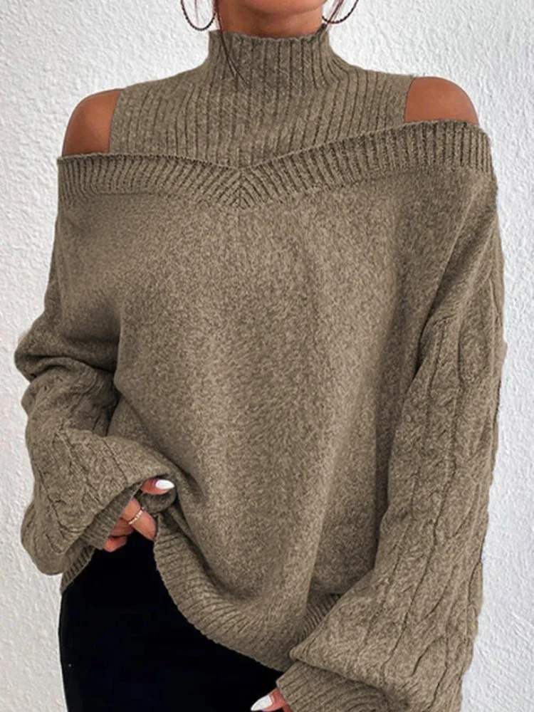 Winter Fashion Womens High Neck Knitted Pullover Loose Elastic Wool Top Off Shoulder Elegant Street Style Sweater