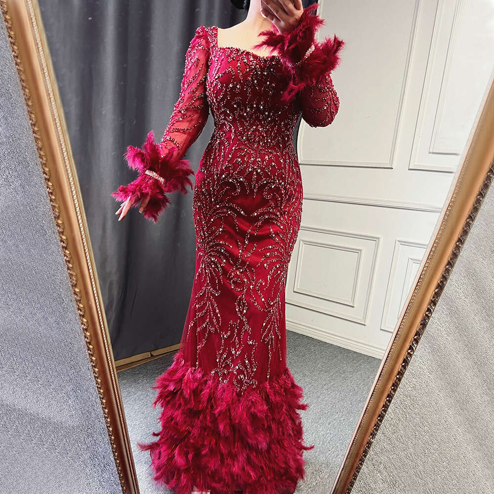 Serene Hill Green Elegant Mermaid Evening Dresses Gowns 2024 Beaded Feather For Women Party LA71576