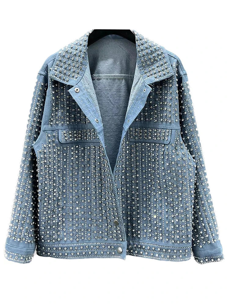 Street Clothing Splicing Rivet Denim Jacket Womens Fashion Collar Long Sleeve Loose Coat Womens Coat Autumn Trend