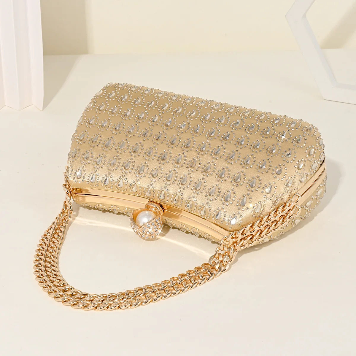 Tears diamonds evening dinner bag pearl buckle top handle handbag chain shoulder wallet half moon rhinestone party clutch 241023