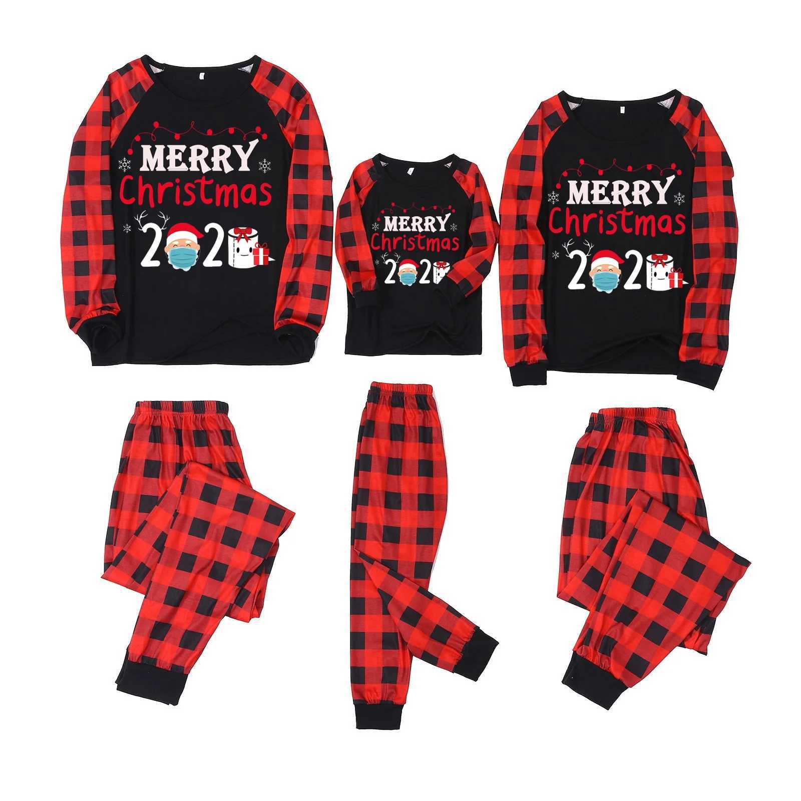 Christmas Letter Print Parent-child Outfits Long Sleeve Top Black Red Plaid Pants Home Suit New Year Family Matching Pajamas SetXJ241008