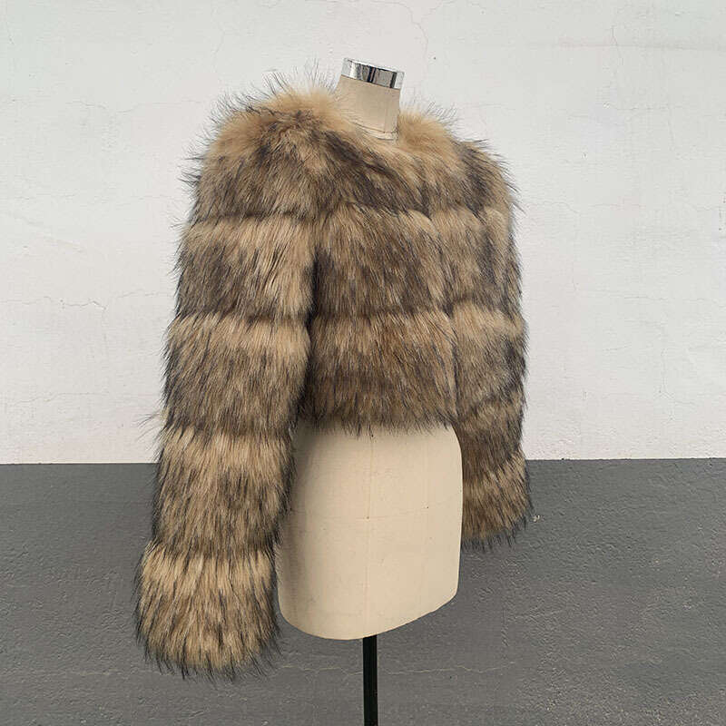HJQJLJLS Winter New Arrival Women Crop Faux Raccoon Fur Coat Female Fashion Warm Long Sleeve Fluffy Short Furry Jacket