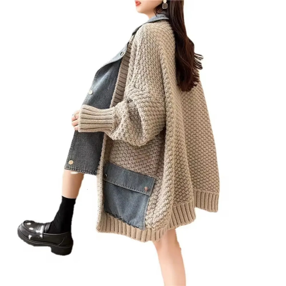 Autumn Winter Womens Splicing Denim Jacket Womens Long Sleeve Jeans Jacket Womens Loose Sweater Cardigan Jacket 241022