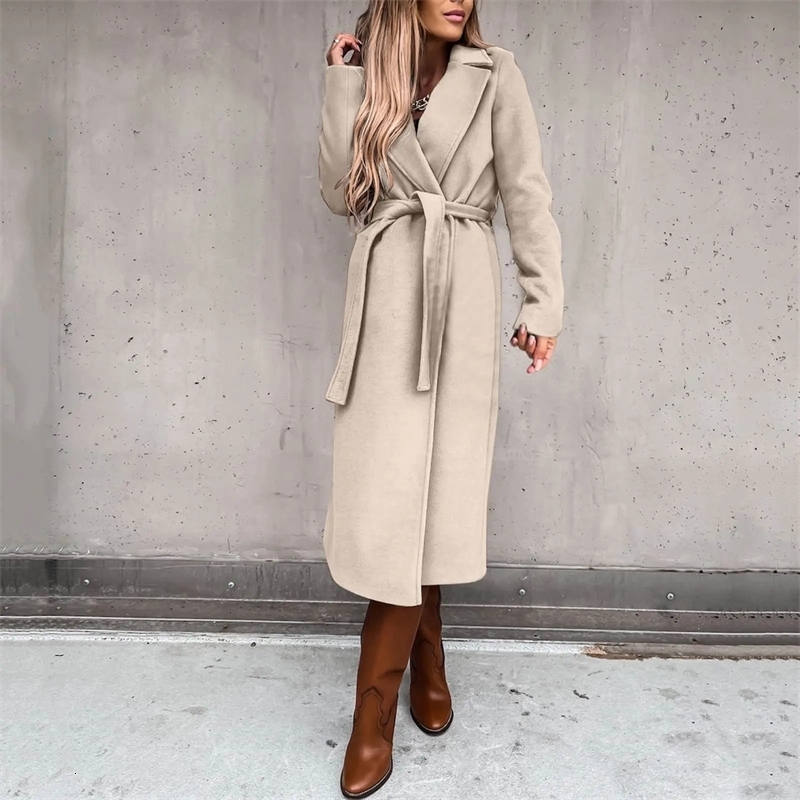 Autumn/Winter Womens Solid Color Collar Long Sleeve Wool Jacket Simple Tie Windproof 241007