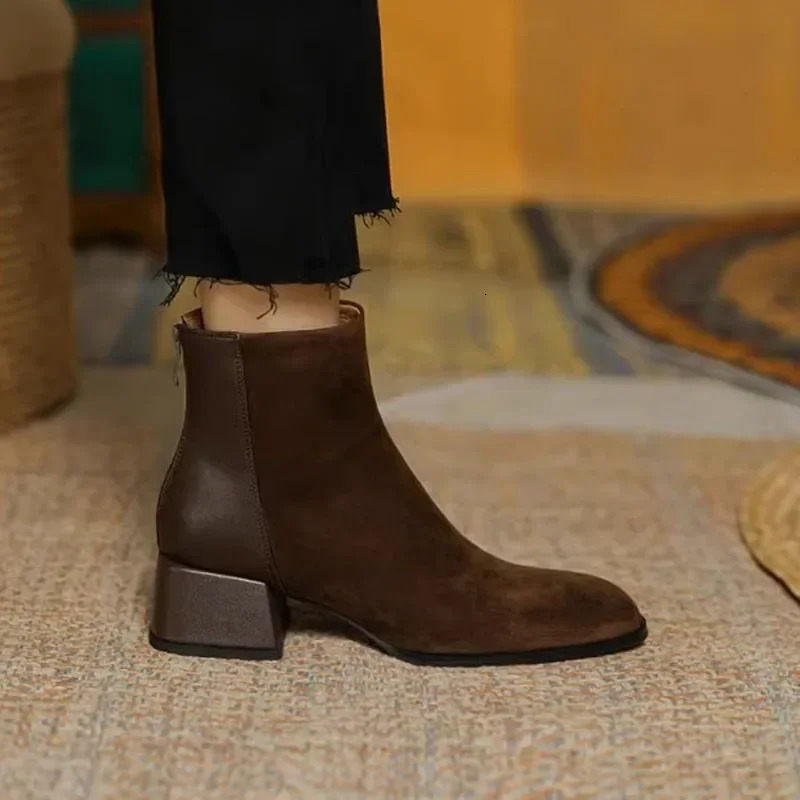 Autumn Square Toe Chunky Heel Ankle Boots for Women Winter Platform Suede Shoes atos 241021