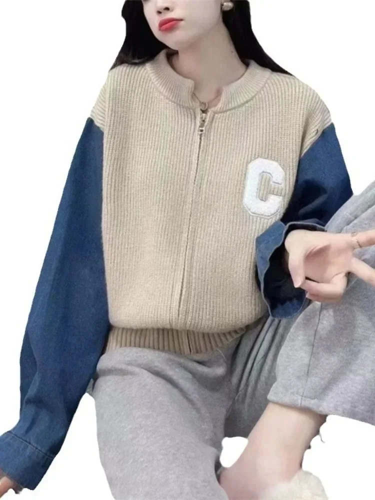 Denim Sleeve Jacket Splicing Knit Cardigan Sweater Womens Autumn Winter n Sense Fashionable Versatile Zipper Contrasting 241021