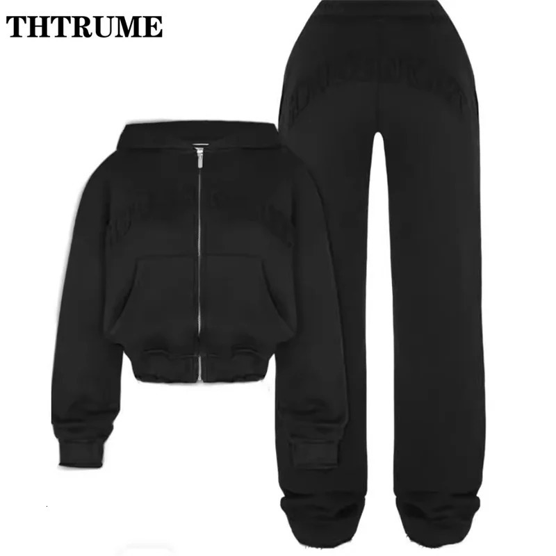 Vintage Y2K Womens Two Piece Set Womens Autumn Zipper Letter Hoodie Harajuku Pants Set Casual Gothic Aesthetic Street Dress 241023
