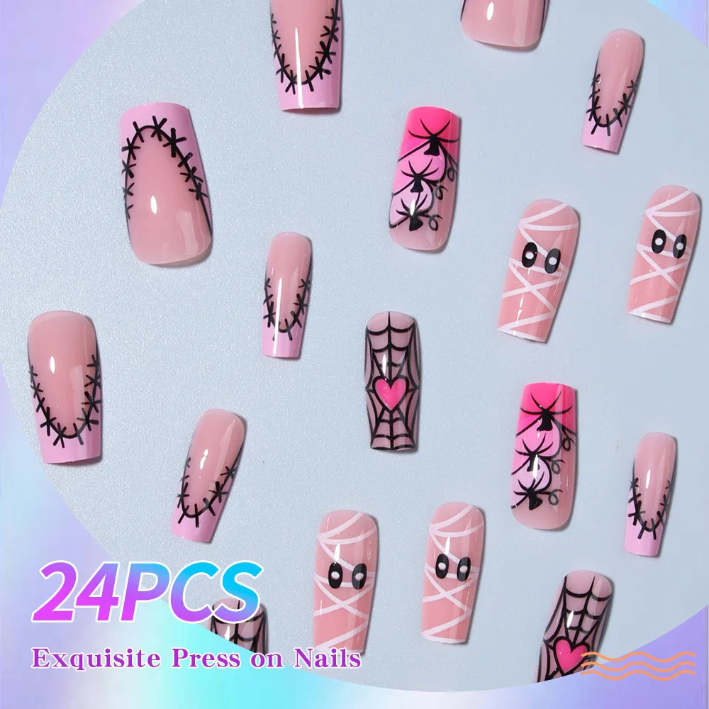 24pcs press on nailmedium nail square Halloween pumpkin shapesewing line cobweb nsuitable for festival wear 241021