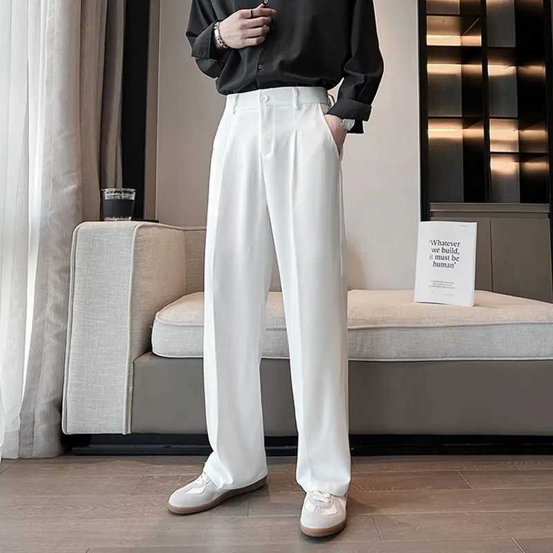 Summer Men Thin Casual Suit Pants Long Straight Drape Silky Wide Loose Trousers Elastic Waist Oversize Clothes Black WhiteX241023