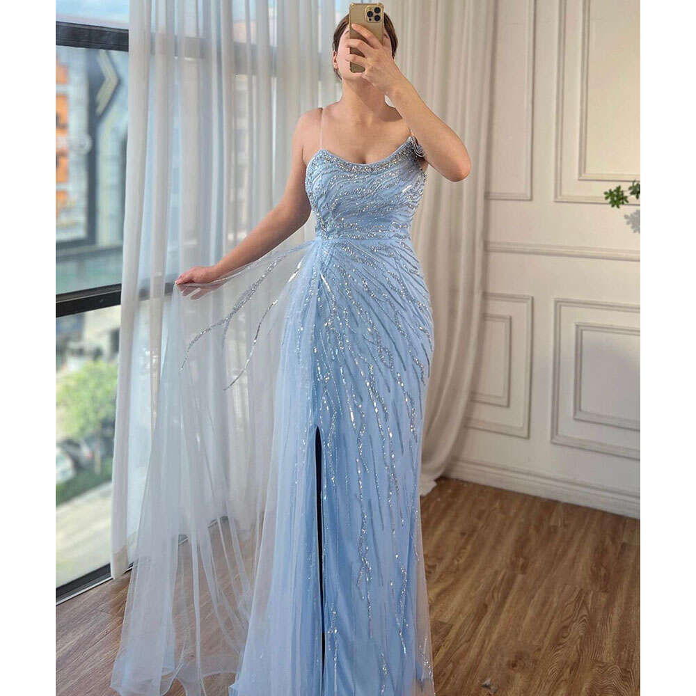 Serene Hill Yellow Mermaid Sexy High Split One Shoulder Beaded Evening Dresses Gowns For Woman Party 2024