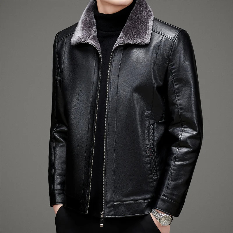 ZDT-8044 Winter Mens Genuine Leather Coat Plush Thick Casual Fur Integrated Collar Motorcycle Leather Jacket Coat 241023