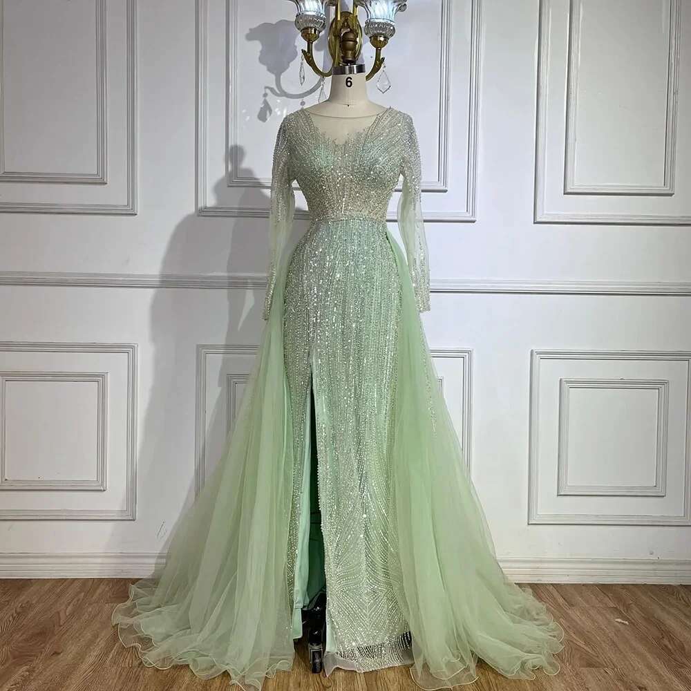 Hill Arabic Serene Pink With Overskirt Mermaid Beaded Evening Dresses Gowns For Women's Party 2024 Prom