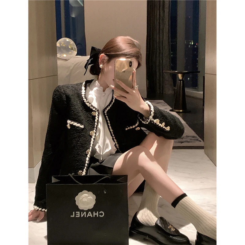 MEXZT Retro Coarse Felt Jacket Womens Elegant Black Cutting Set Coat Korean Thick Coat Single Chest Short Coat Top 241023