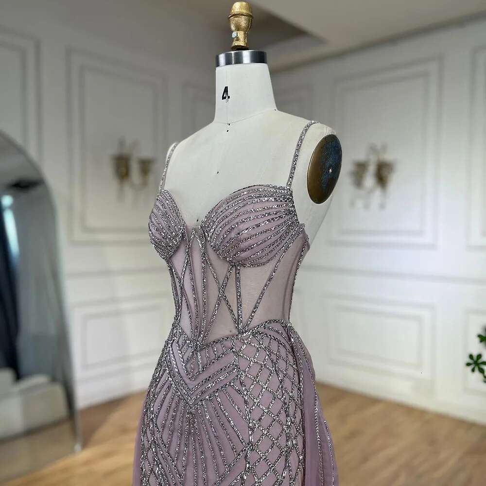 Serene Hill 2024 Arabic Spaghetti Strap Pink Mermaid Overskirt Beaded Evening Dresses Gowns for Women Party