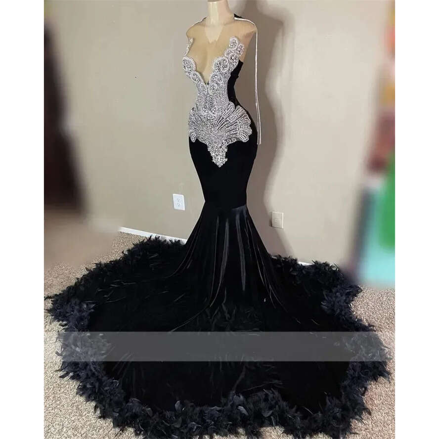 O Neck Sheer Veet Long Prom Dress For Black Girls 2004 Beaded Crystal Birthday Party Dresses Feathers Mermaid Evening Gown Tassel es