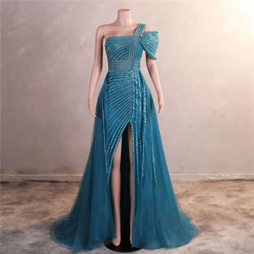 Sequins Evening Side Split Prom Dress One Shoulder Spaghetti Backless Gowns