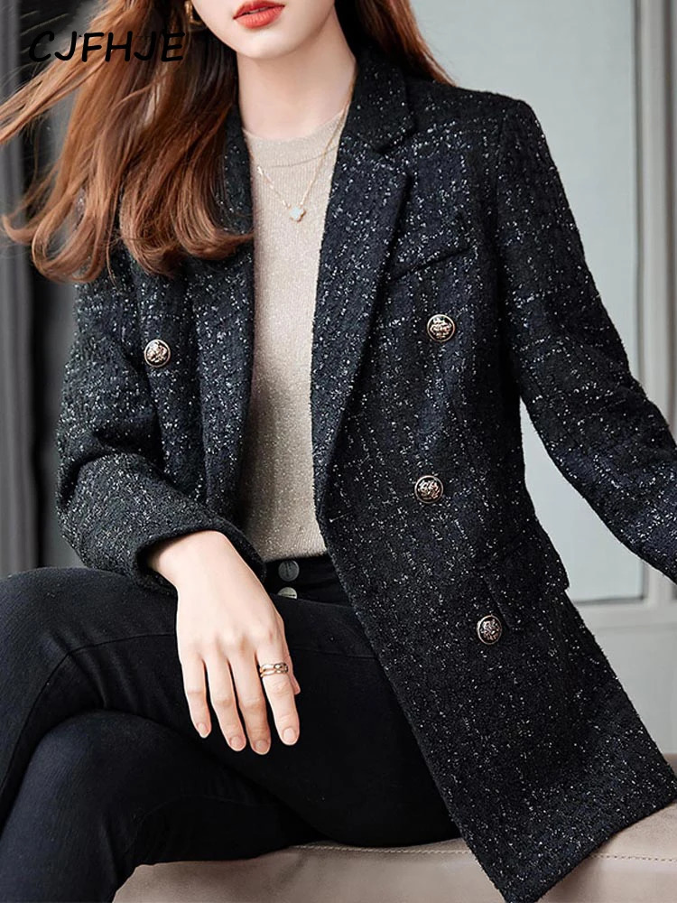 CJFHJE navy blue winter tweed jacket womens thick long sleeved button elegant womens jacket double chest coat 241023