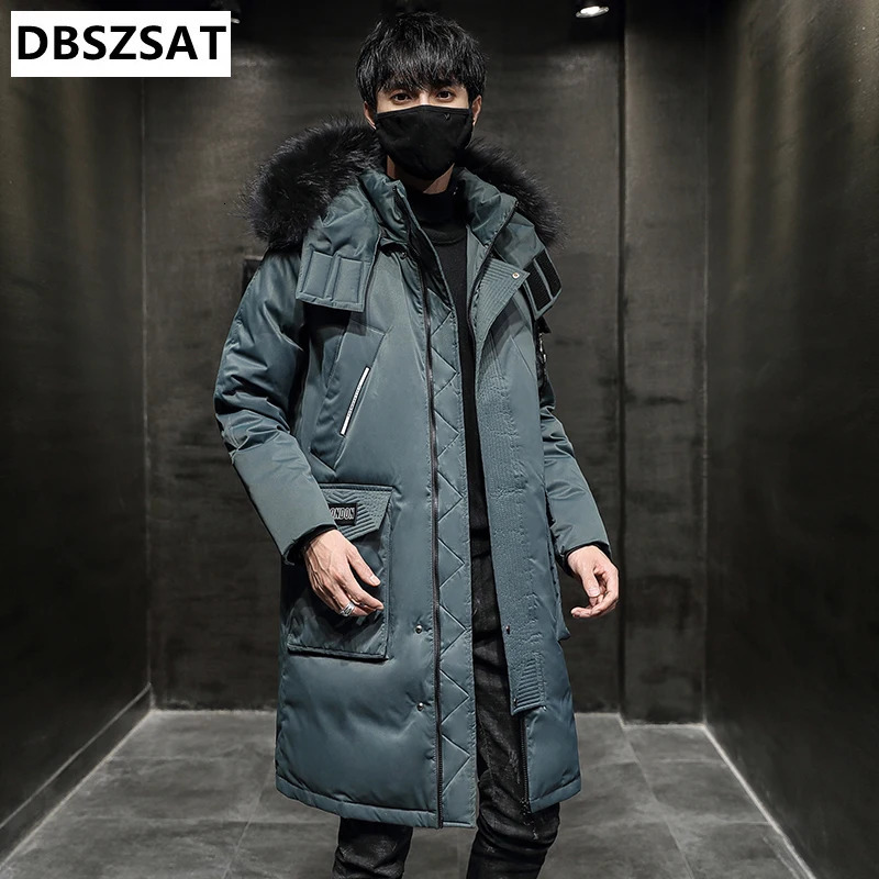 XKK 2025 Fashion Winter Coat Mens Fur Collar Thick Long Coat Mens Hooded Warm Loose Park White Duck Down Coat 241022