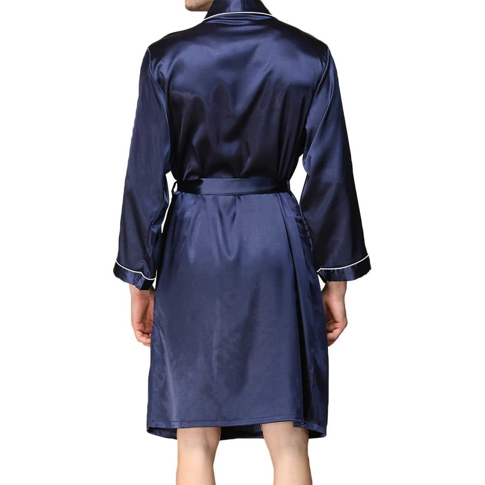 Mens satin ribbon bathroom with adult belt contrasting color long Sve V-neck evening gown with pockets S/M/L/XL W241023