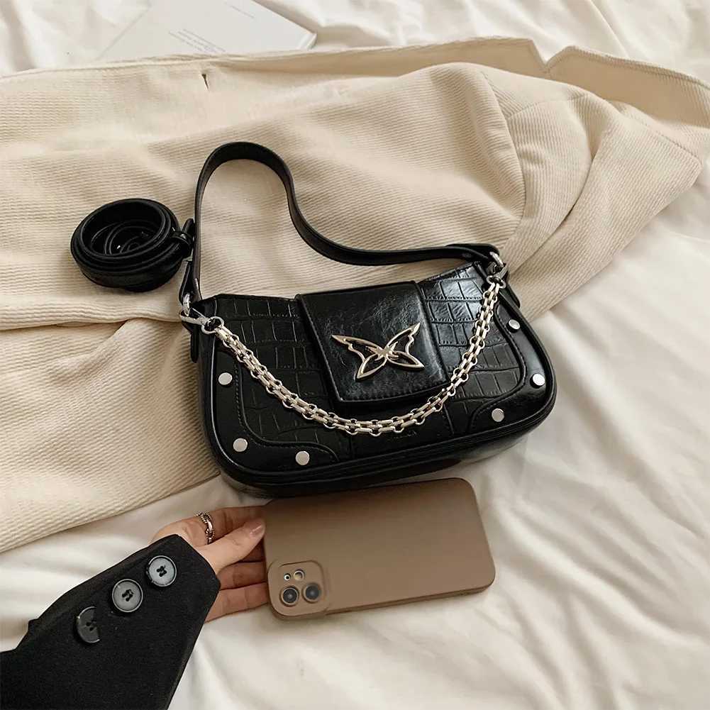 Women Pu Leather Shoulder Bag Butterfly Pattern Y2k Handbag with Chain Hobo Adjustable Strap Satchel Purse for Work 241023