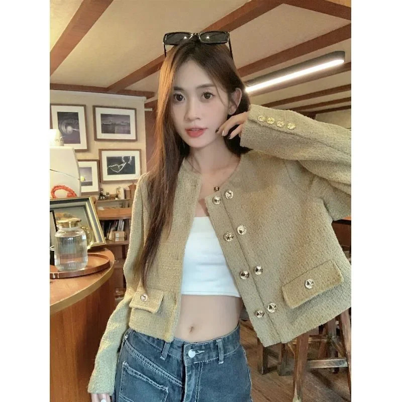 French coarse tweed short jacket with open placket and khaki crew neckline petite fashionable casual niche age reducing top 241023