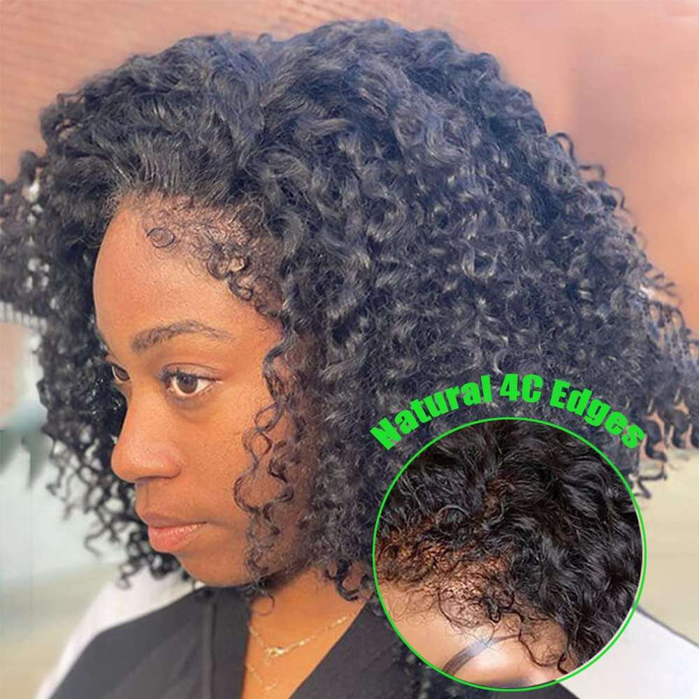 4C Kinky Edges Natural Haire Glueless Human Ready To Go Curly Bob 13x4 Transparent Lace Front Wig With Bady Hair