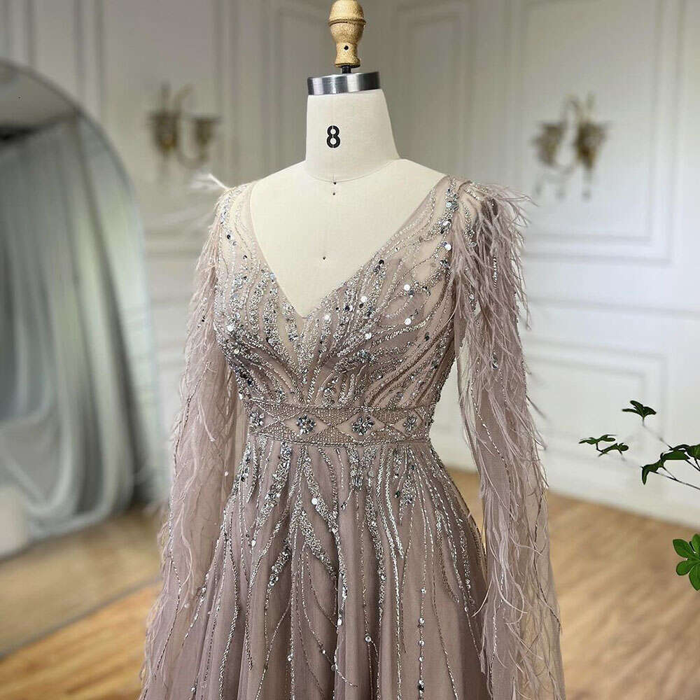 Serene Hill Nude Cape Sleeves Elegant A e Beaded Feathers Evening Dresses Gowns For Women Party 2024
