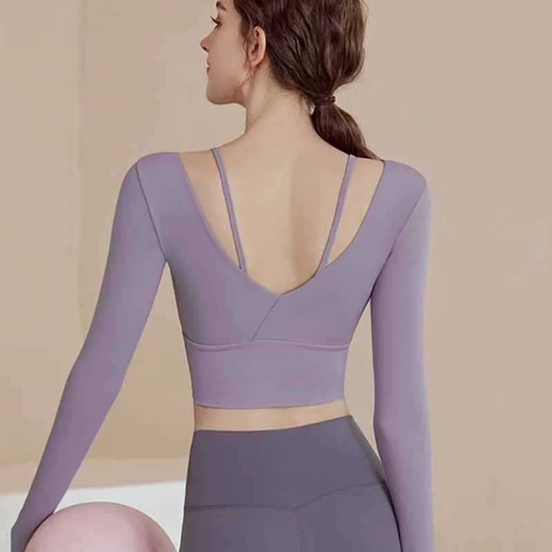 Womens sexy back sweatshirt cut top sports yoga long sleeved Pilates sweatshirt training gym topXJ250410