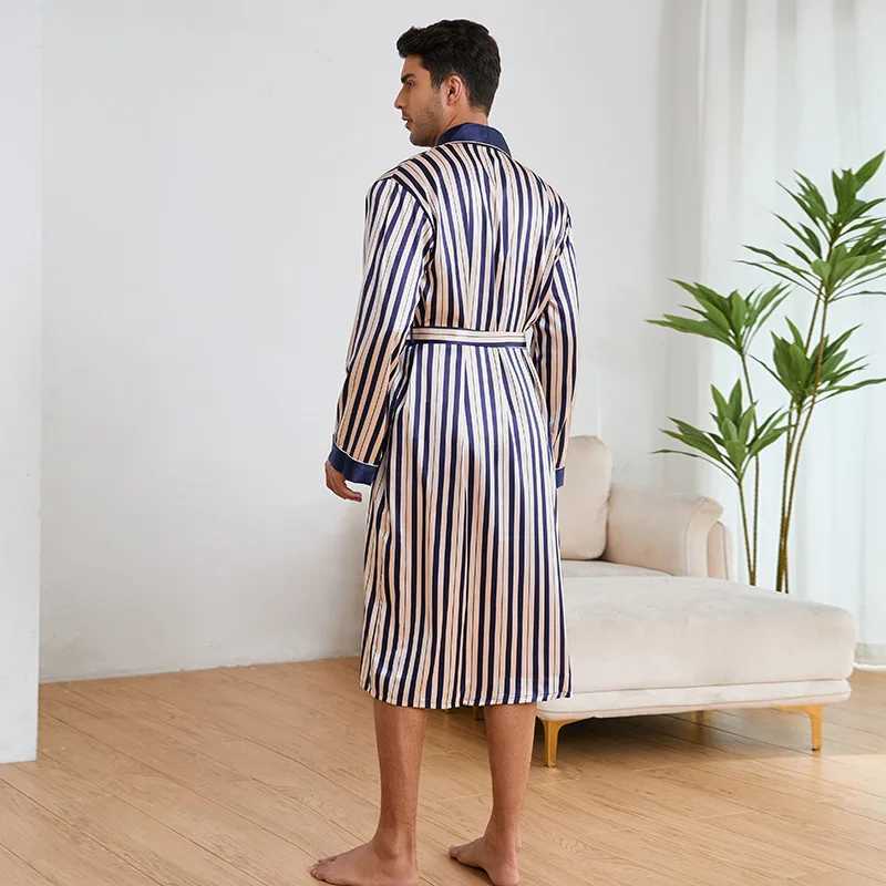 Mens striped long robe kimono bathroom gown 2024 autumn new long sleeved pajamas lounge wearing loose casual silk satin home clothes W241023