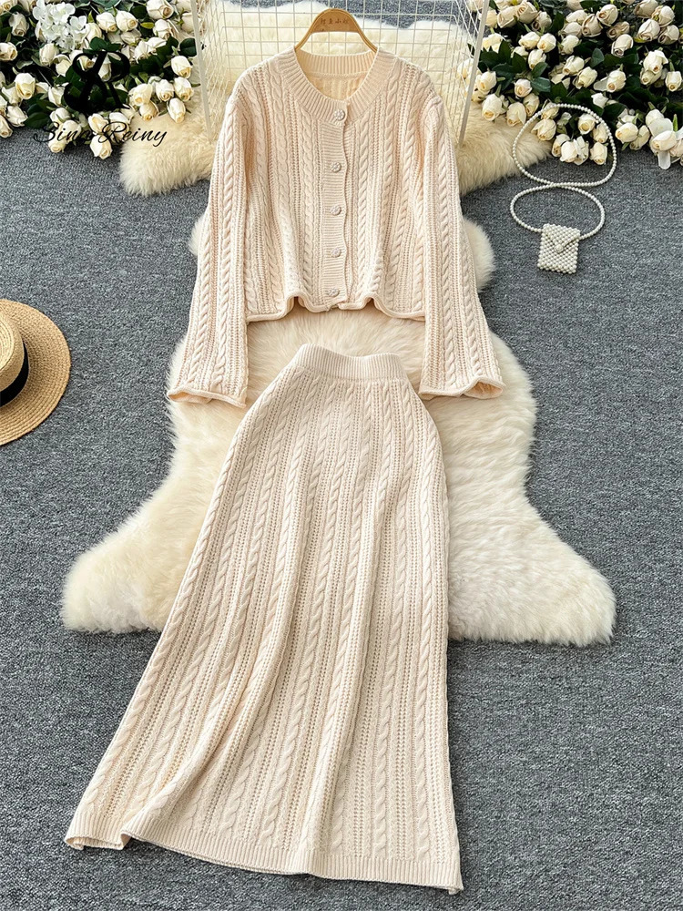 Singreiny American casual knit set womens long sleeved loose zipperelastic long thick warm sweater two-piece set 241023