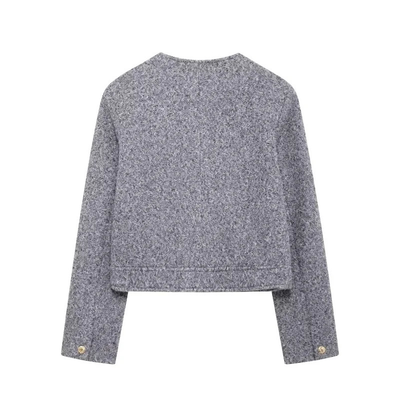 Autumn womens coarse woolen jacket long sleeved round neck short button pocket jacket elegant womens jacket 241023