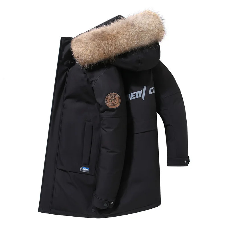 winter mens hooded fur collar long coat mens white duck down jacket high-quality mens multi pocket Parkas jacket 3XL 241022