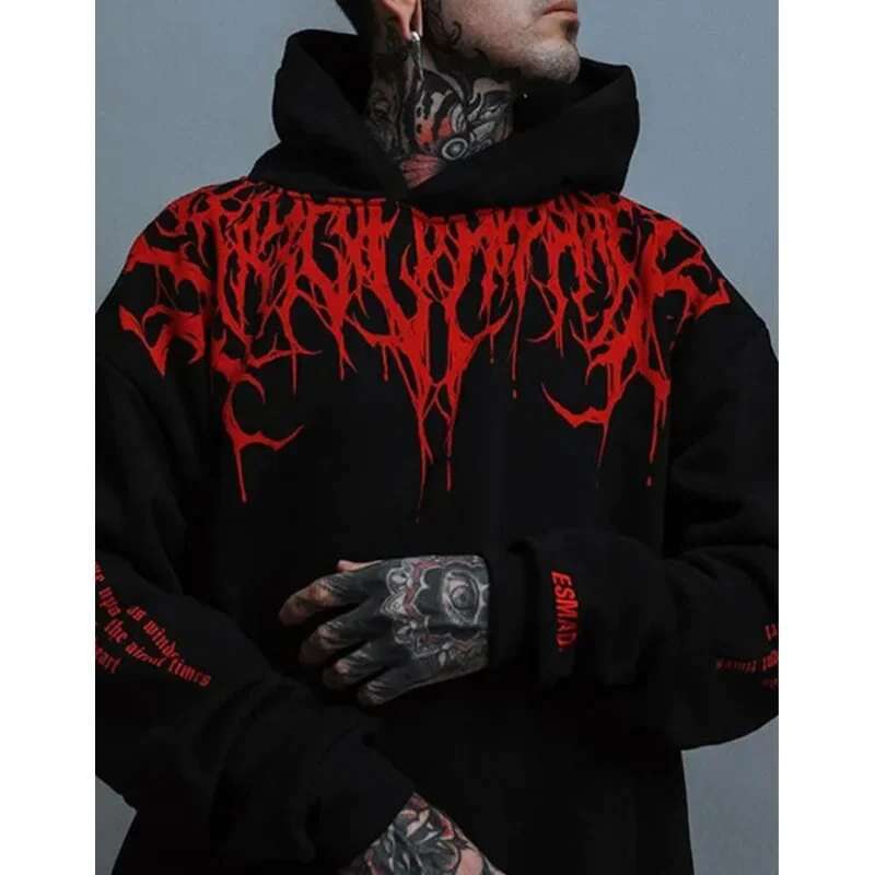 High end s Men Evil Blood Large Pattern Hoodie Unique Personality Casual Autumn Winter Thickened Warm Black for Full Peronality Caual