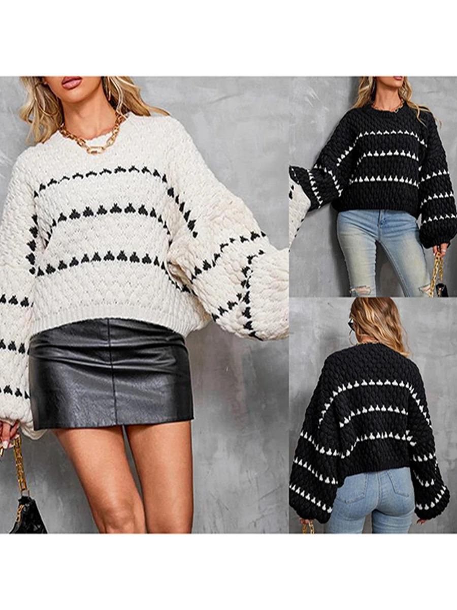 Sweaters for Women Long Sleeve Striped Oversized Trendy Casual Crew Neck Knitted Tops Pullover Jumper 241029