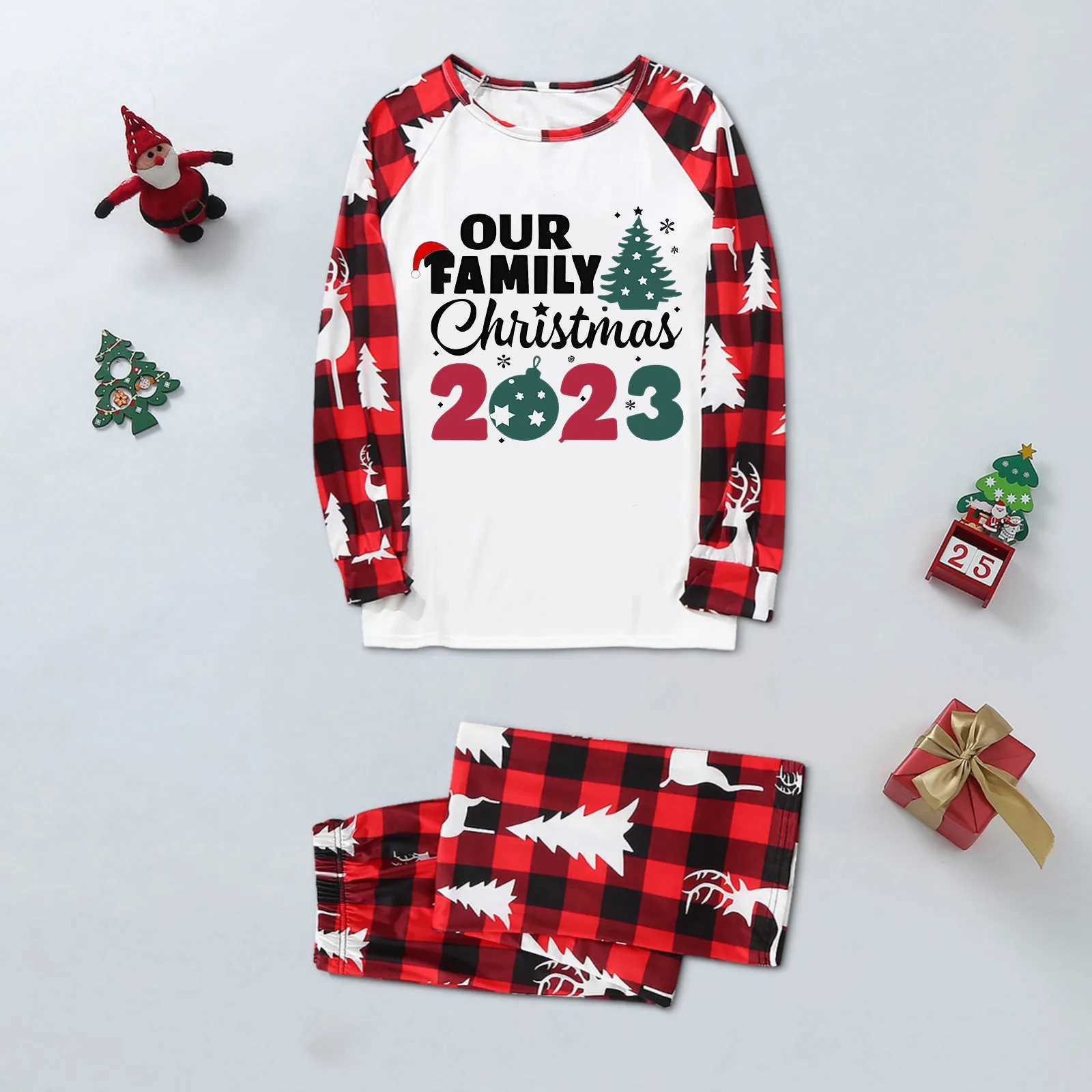 Merry Christmas Letter Printed Parent-Child Sleepwear Sets Deer Print Casual Family Matching Outfits Xmas Cartoon Pajamas SetsXJ241008
