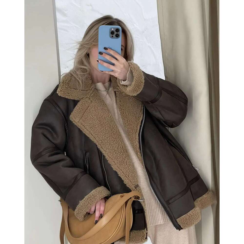 Winter Women Warm Thick Fur Pu-Leather Jacket Vintage Lapel Long Sleeved Zipper Overcoat Fashion High Street Female Coats