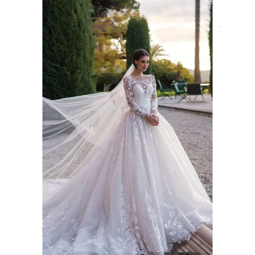 Sleeve Lace Modest Full Wedding Dresses Arabic Muslim A E Sheer Neck Appliqued Ruched Long Formal Bridal Gowns Custom Made ppliqued