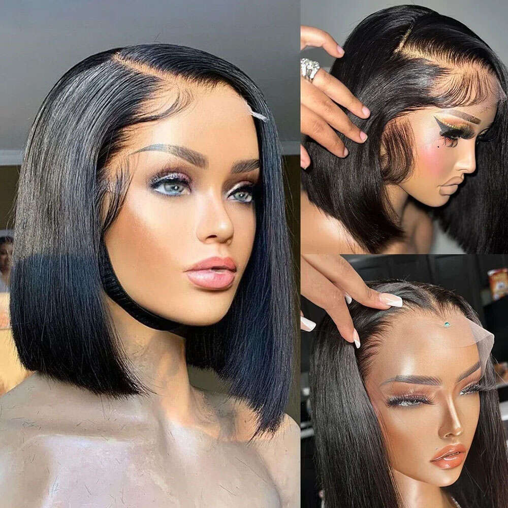 13x4 Transparent Lace Frontal 100% Human Hair Wigs Brazilian Remy Bone Straight Short Bob Wig For Women