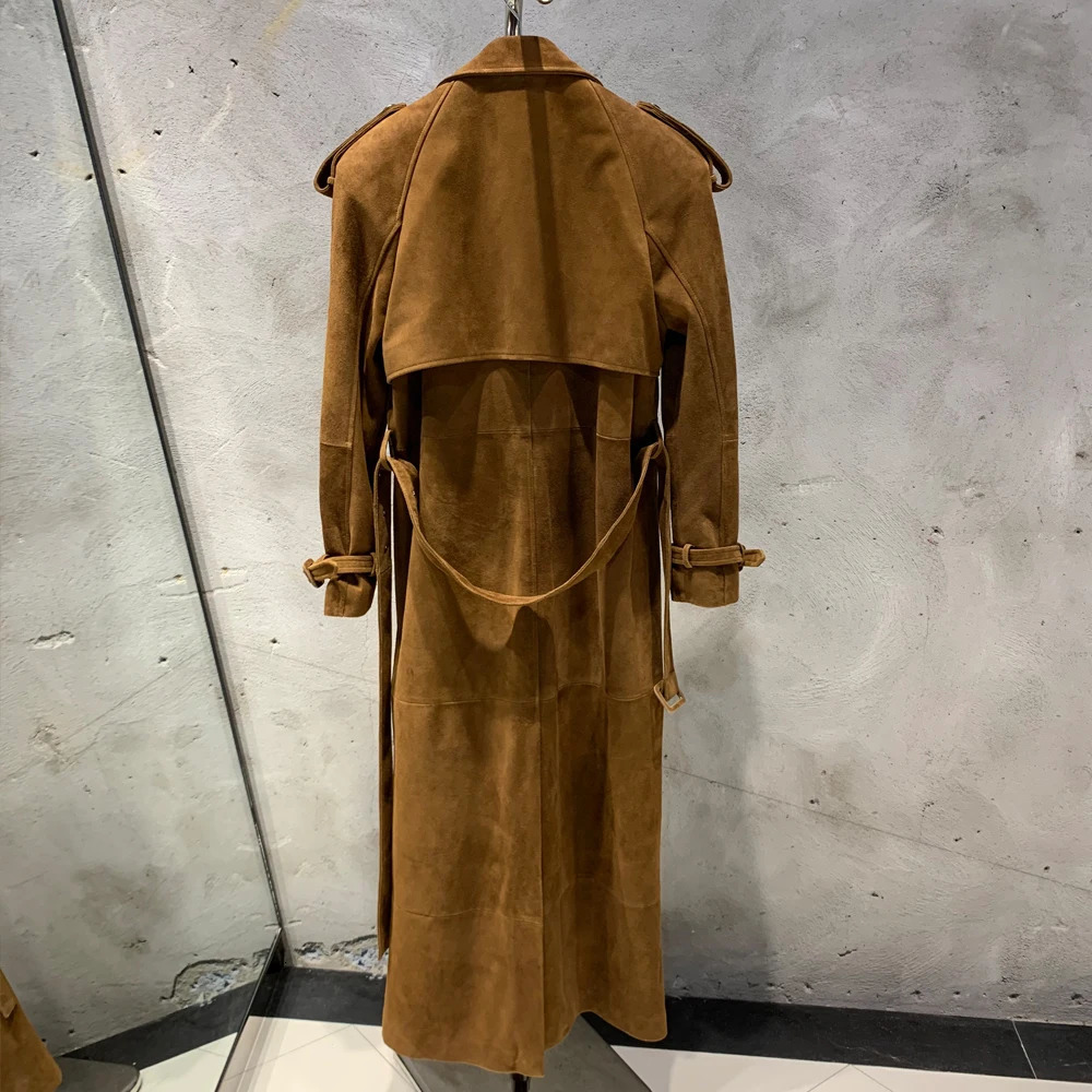 Suede leather coat womens double breasted windproof natural sheepskin coat floor length leather coat womens genuine sheepskin 23023 241023