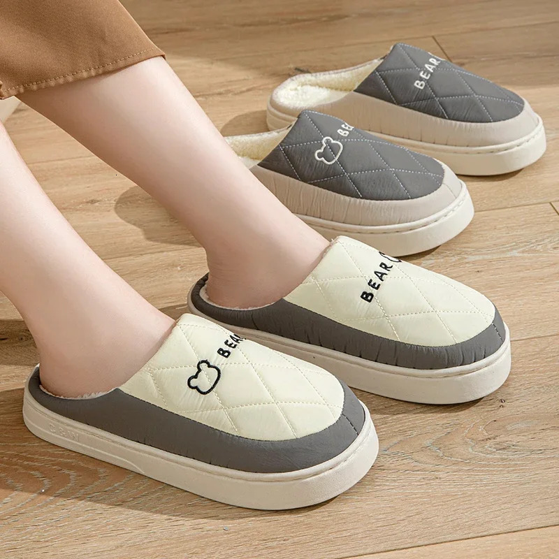 Autumn Winter Plush Warm Women Cotton Slippers Indoor Home Casual Toe Wrap Thick Slides Men Anti Slip Vamp Waterproof Soft Shoes