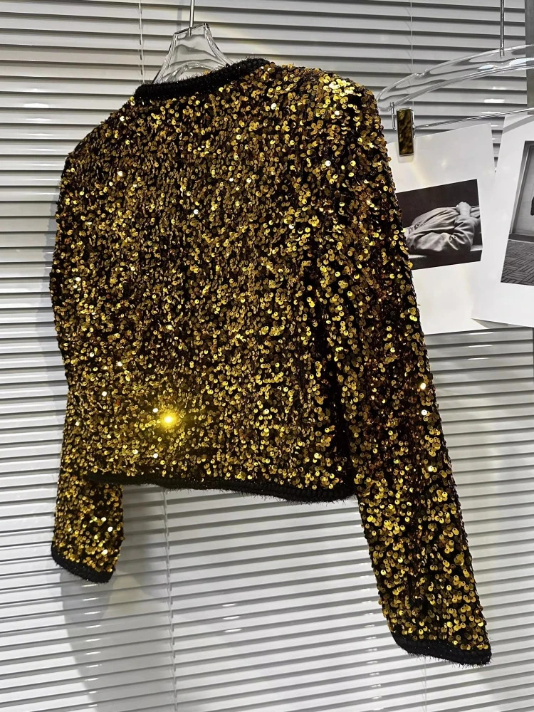 sparkling sequin short jacket for women French gold single chest coarse tweed woven set Casaco jacket 241023