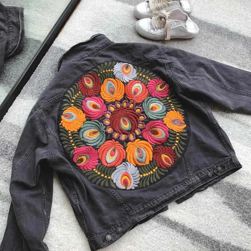 Cowboy jacket Bohemian oversized multi flower embroidered long sleeved casual fashion jacket for womens Spring and Autumn clothing 241022